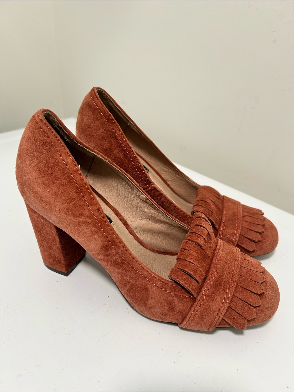 Steven by Steve Madden Jade Suede Fringe Block Heel Pumps Brown Size 7 M